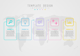 Wall Mural - simple template Square button product infographic has an icon in the middle and multi-colored squares behind a multi-colored outline, with arrows and text inside at the end. The background has a map.