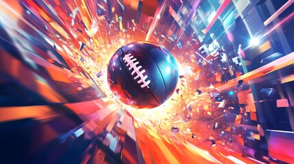 The ball is speeding of american football with colorful effects, View of the american football stadium