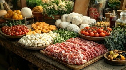 A rustic wooden table is laden with fresh ingredients, including cheese, tomatoes, herbs, and meat, ready for a delicious meal.