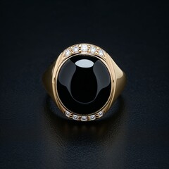 Art deco style onyx ring with diamond accents on plain black dark background