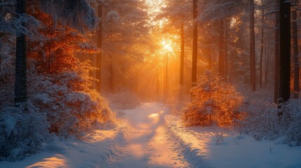 Aufkleber - A serene winter morning reveals a forest path illuminated by soft golden sunlight. Snow blankets the ground and trees, creating a peaceful atmosphere.