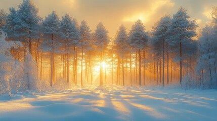 Aufkleber - As dawn approaches, golden sunlight illuminates the snowy ground, casting long shadows through the towering pine trees. The tranquil atmosphere evokes a sense of peace in this winter wonderland.