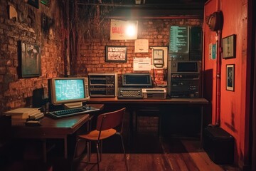 a retro-styled computer room with several vintage computers, a brick wall, and a single lightbulb.