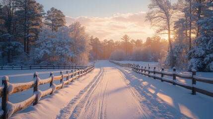 Poster - A tranquil path covered in fresh snow leads through a snowy forest as the sun sets, casting warm light on the trees and creating a peaceful atmosphere.