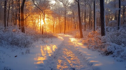 Aufkleber - The tranquil path in a snow-covered forest glows in the warm light of the sunset, creating a serene atmosphere perfect for a winter stroll.