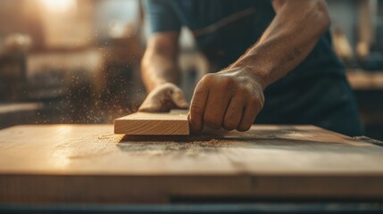 close up man owner a small furniture business is preparing wood for production. carpenter male is adjust wood to the desired size. architect, designer