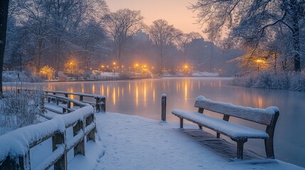 Leinwandbilder - As evening falls, the serene lake is blanketed in fresh snow, illuminated by soft lights. The stillness of the park creates a magical winter atmosphere.