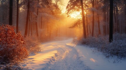 Poster - A winding path covered in fresh snow leads through a serene forest. The sun sets behind tall trees, casting a warm, golden glow across the landscape, creating a magical winter atmosphere.