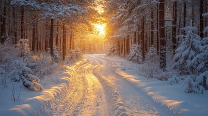 Poster - A winding path through a snow-covered forest is bathed in the warm glow of a winter sunset, surrounded by tall trees and fresh snow, creating a peaceful atmosphere.