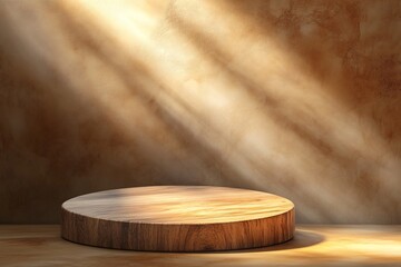 Circular Wooden Podium on Warm Beige Background