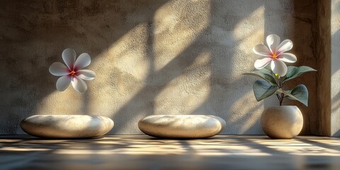 Two Stone Bowls, One Flower Pot, and Two White Flowers Against a Textured Wall