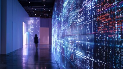 A digital art piece composed entirely of code is displayed on a large projector showcasing the intersection of technology and art.
