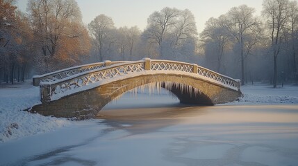 Poster - A charming stone bridge spans over a frozen pond, adorned with icicles. Surrounding trees, dusted with snow, create a serene winter atmosphere during early morning hours.