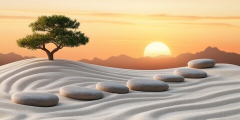 Sticker - A Bonsai Tree in a Zen Garden at Sunset with a Row of Stones