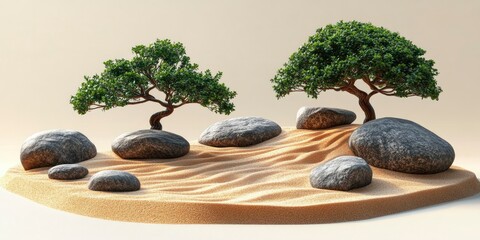 Sticker - Zen Garden with Two Trees and Rounded Stones