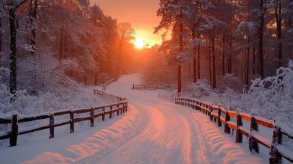Aufkleber - As the sun sets, its warm glow casts a beautiful light over a snow-covered path winding through tall trees, creating a peaceful winter atmosphere.