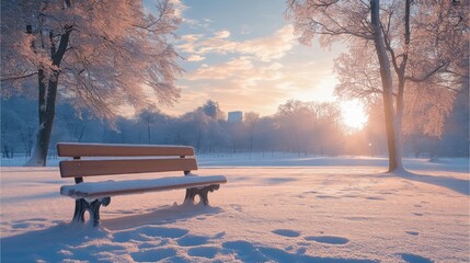 Poster - A snow-covered bench sits isolated in a serene park as the sun begins to rise, casting warm light across the frosty landscape. The surrounding trees shimmer with frost.