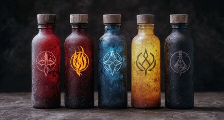 Mystical potion bottles with elemental symbols