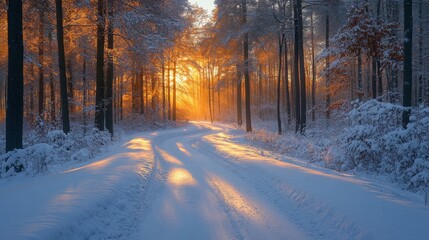Poster - A peaceful winter morning reveals a snow-covered pathway winding through a forest. Sunlight filters through trees, creating a warm glow in the cold landscape.