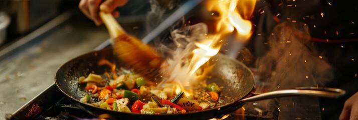 Wall Mural - A wooden s flipping and tossing a medley of vegetables in a hot pan of avocado oil the flames licking at the edges of the pan.