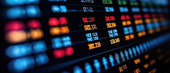 Aufkleber - Close-up of a Stock Market Ticker with Colorful Numbers and Graphs