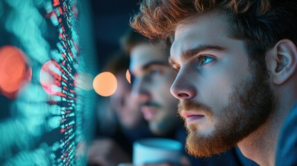 Sticker - A team of diverse programmers huddled around a large monitor, intensely focused on lines of code, with coffee cups and scattered notes surrounding them.