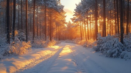 Aufkleber - Golden sunlight casts a warm glow over a snow-covered forest path as tall trees stand majestically. The scene captures the tranquil beauty of winter at sunset.