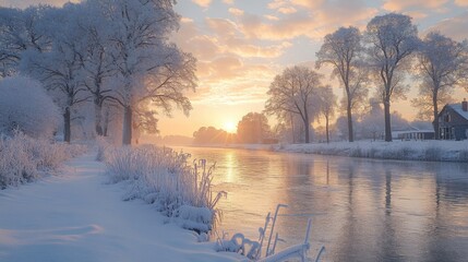 Poster - The sun rises gently over a serene river, illuminating snow-covered banks and bare trees. The soft pastel colors blend beautifully in the early morning sky, creating a peaceful winter atmosphere.