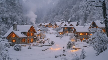 Aufkleber - A picturesque village blanketed in snow showcases charming cabins with warm lights. Smoke rises from chimneys, creating a cozy winter atmosphere as night falls.