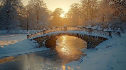 Poster - As the sun sets, a picturesque scene unfolds with a snow-covered bridge and glistening icy water reflecting warm colors in a peaceful park.