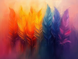 Poster - A vibrant painting of seven colorful feathers