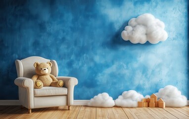 Wall Mural - A child's room showcasing blue walls and a warm wooden floor, featuring a cozy armchair with a teddy bear toy resting on it