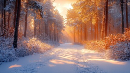 Poster - Walking through a serene winter forest reveals a snow-covered path bathed in warm golden sunlight at sunrise, creating a magical atmosphere.