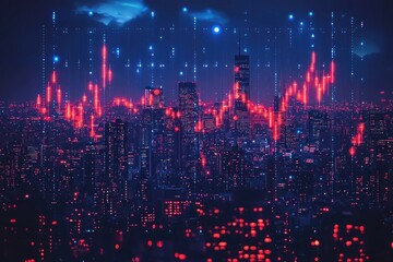 Nighttime cityscape illuminated by red and blue lights with a digital overlay