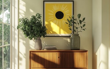 An elegant mid-century modern entryway, highlighting a wooden sideboard topped with a decorative vase and greenery