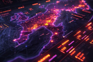 Wall Mural - a map of the world with a purple glow and a lot of dots