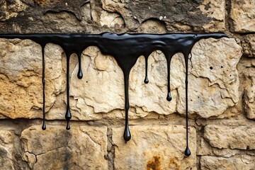 A mysterious black liquid drips slowly from a cracked and worn stone wall, mystery, drip