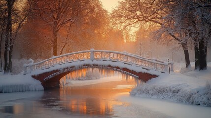 Poster - A snow-laden bridge arches gracefully over a calm, icy stream, while the warm glow of the sunset illuminates the surrounding trees in a peaceful park.