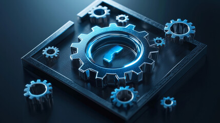 Wall Mural - 3d abstract gear icon with lock symbol, representing security and technology. metallic blue design c