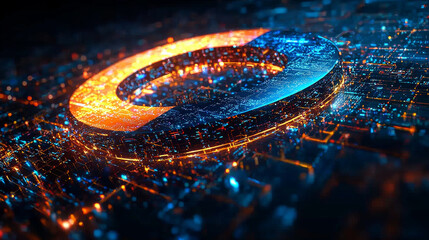 Wall Mural - 3d logo design featuring circular shape with orange and blue sections, surrounded by glowing digital