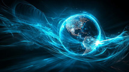Poster - glowing globe with swirling blue light represents global connectivity and technology. vibrant colors