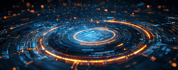 Poster - dynamic 3d search engine interface with glowing circular patterns and particles, creating futuristic