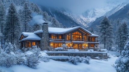 Poster - A charming lodge sits nestled in a wintry scene, surrounded by tall, snow-laden trees. The warm light from its windows creates a welcoming atmosphere against the cold backdrop.