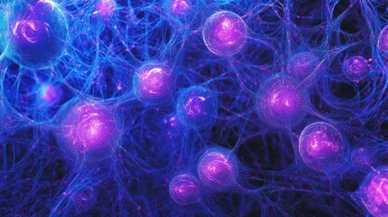 Wall Mural - bright blue and purple digital network with glowing nodes and web patterns, creating a futuristic fe