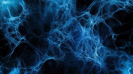 Wall Mural - bright blue network nodes and lines on a dark background, forming an intricate digital web