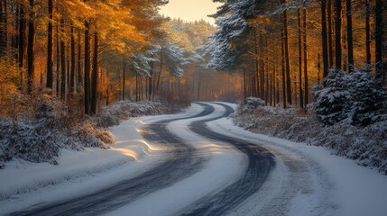 Poster - A winding road meanders through a tranquil forest blanketed with snow. Golden light filters through trees adorned with autumn leaves, highlighting winter's beauty.