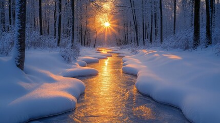 Poster - The tranquil stream reflects golden sunlight as it meanders through a snow-covered forest. The serene winter landscape glows warmly at sunset, creating a peaceful atmosphere.