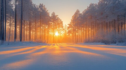 Poster - Soft sunlight breaks through tall trees, illuminating a snow-laden path. The tranquil ambiance of the early morning captures the beauty of winter's quiet embrace in the forest.