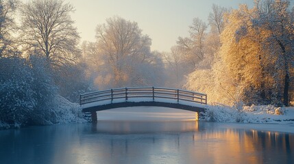 Poster - Early morning light casts a gentle glow on a wooden bridge crossing a still lake, framed by trees draped in fresh snow, creating a tranquil winter landscape.