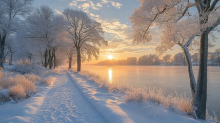 Poster - A beautiful winter sunrise illuminates a frozen lake, with snow-covered trees bordering a peaceful pathway. The soft light reflects on the icy water.